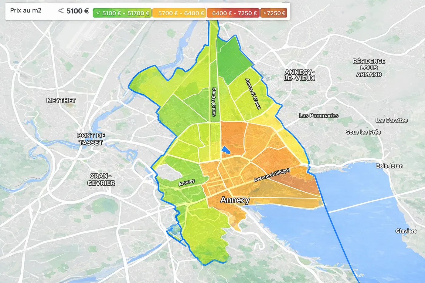 Carte des prix au m² par quartier à Annecy